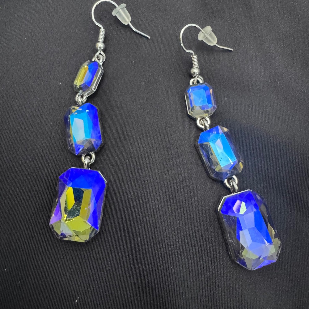 Dangle Drop Earrings Blue Aurora‎ Borealis AB Silver Tone Costume